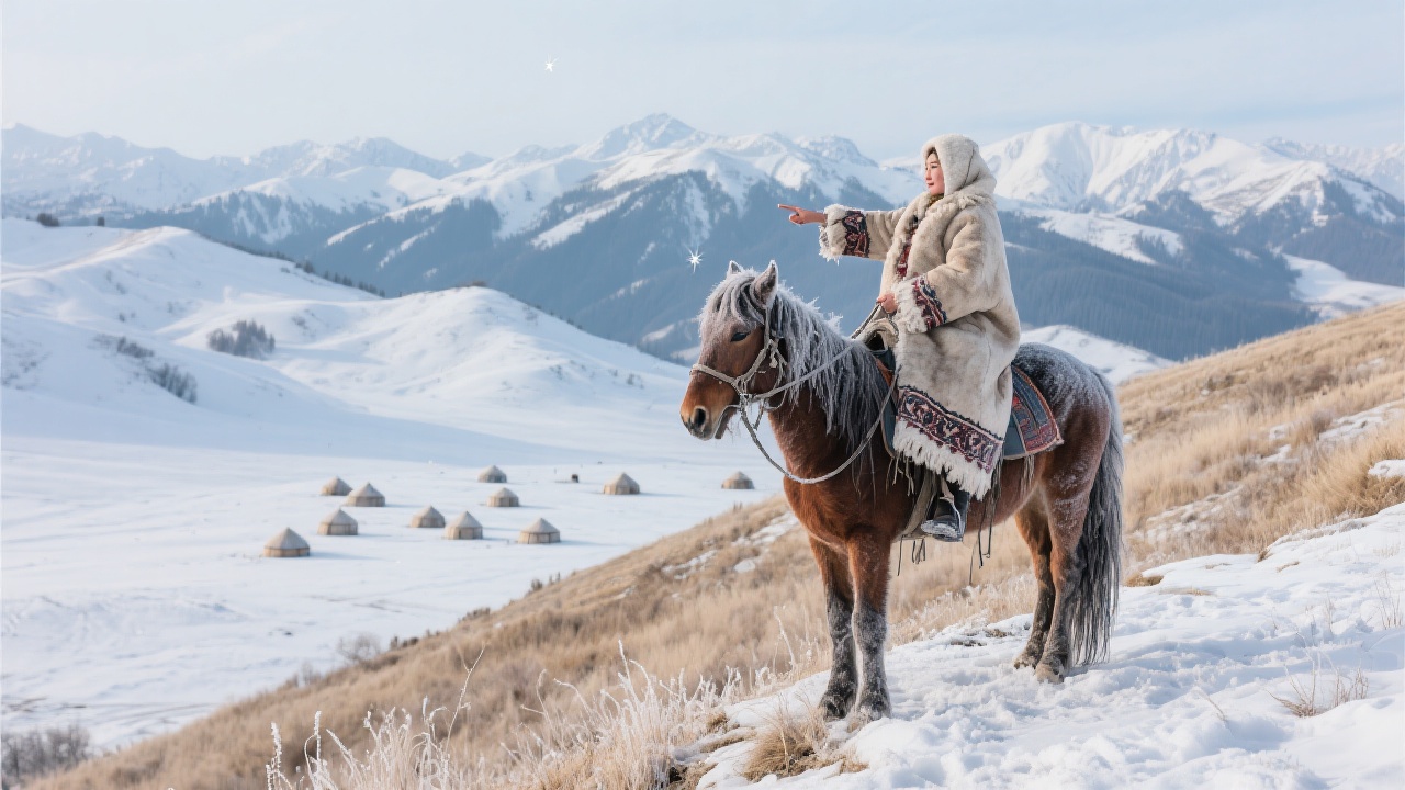 雪后阿尔泰山坡，哈萨克女牧民古丽娜骑着马立于坡顶，穿着霜覆毡袍，眉睫结冰，遥指山坳处的星点毡房，背景是覆雪山脉和枯草雪地，场景广阔苍凉。