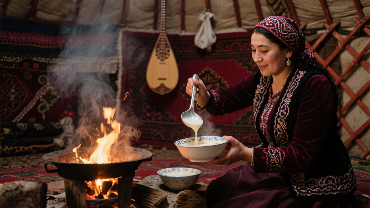 毡房内部炉火旁，古丽娜正用银勺将骆驼奶皮子舀入碗中，热气氤氲，壁毯上悬挂冬不拉乐器，氛围温馨而带有历史感。