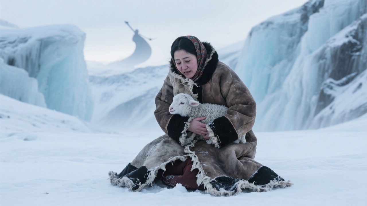 零下三十度雪地中，古丽娜割开自己的皮袍紧贴新生羊羔保暖，裹着破毡发抖，背景冰谷和雪山，凄凉呼麦声隐约可闻。