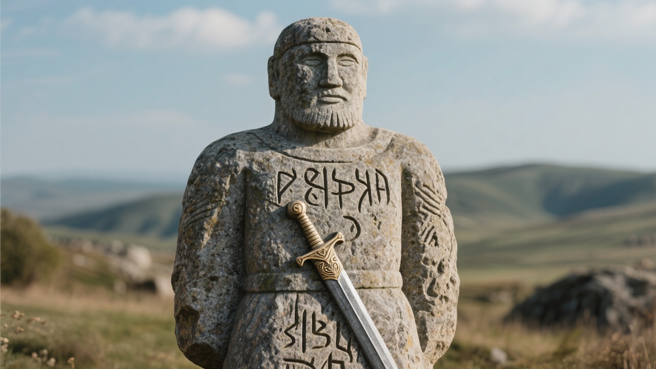 花岗岩雕刻的石人,腰际挂剑鞘,面部模糊刻有突厥符文,散发古老神秘的氛围。