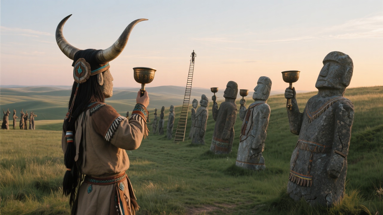 草原石人阵列面朝东方,手持牛角杯,象征萨满天梯的青铜时代祭祀场景。