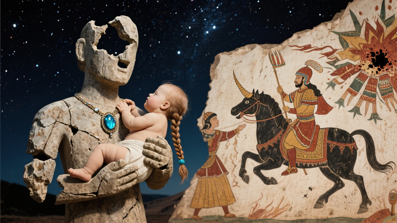 星空下残缺的石人像环抱婴儿,婴儿发辫嵌海蓝宝石,旁边古代壁画描绘塞人骑士追逐独角巨兽的湮灭仪式。
