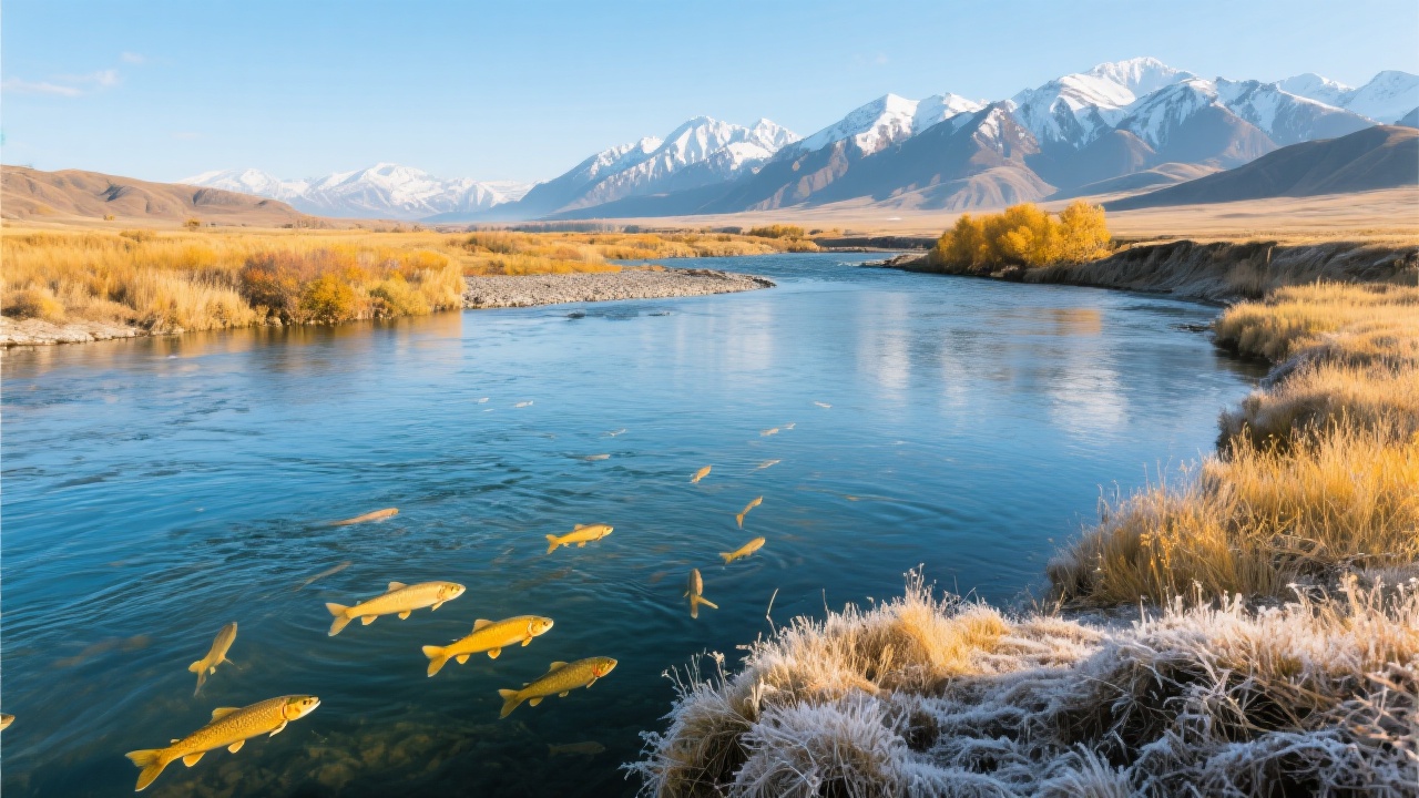 一幅秋日额尔齐斯河的壮丽景色：清澈的河水中有金黄色金鳟鱼游弋，岸边牧草覆盖秋霜微黄，辽阔天空下连绵天山雪峰作为背景。
