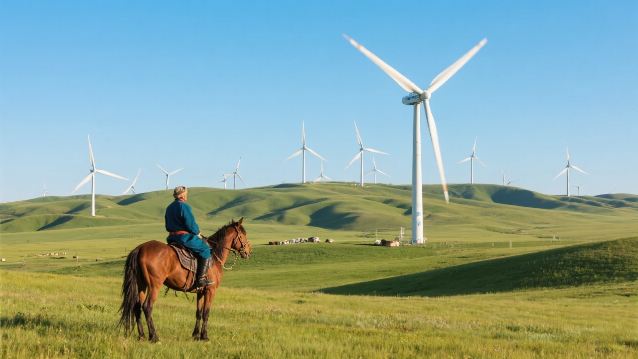 哈萨克牧民骑马站立在草原上，眺望远处丘陵拔地而起的钢铁风车群，巨型叶轮旋转切割蓝天，背景是广袤草原和游牧文化氛围。