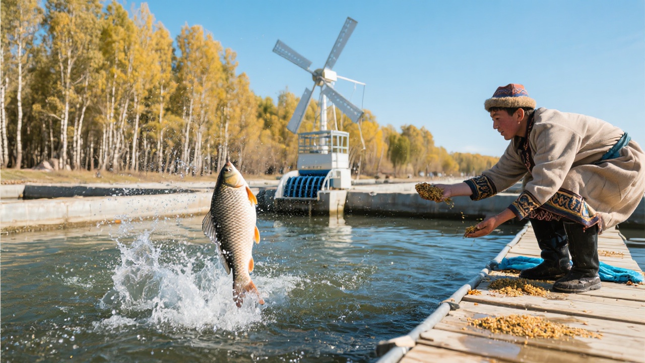 布尔津县金鳟养殖场场景：年轻牧民在河流浮桥上洒饵料，河水涌现金鳞鱼跃起的瞬间，水花四溅，白桦林后风车驱动的增氧机正在工作。