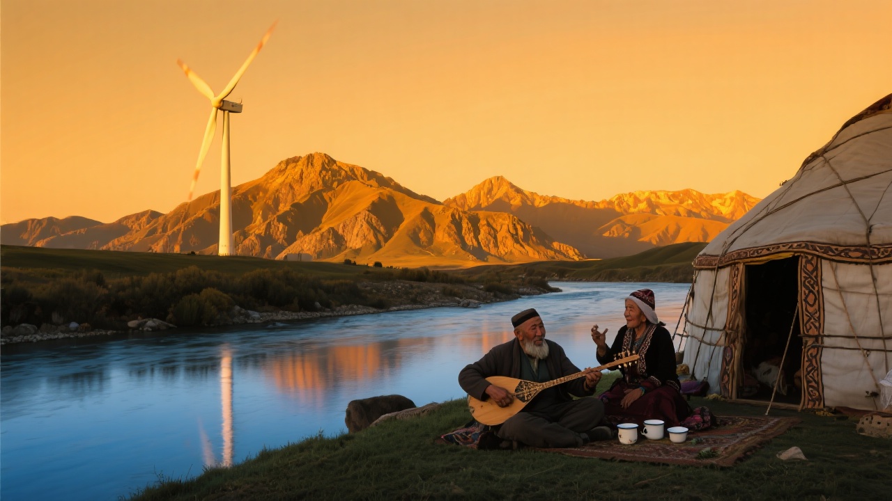 夕阳熔金的黄昏额尔齐斯河畔：毡包内牧民围坐喝奶茶，老者弹奏冬不拉唱歌，天边群峰染成熔金色，巨型风车在高耸山巅旋转倒影于幽蓝河水中。