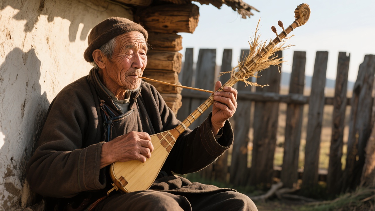 一位图瓦老人坐在屋角向阳处手持楚吾尔草茎乐器演奏,日光落在深刻皱纹上,乐器温润有光泽,背景是简陋木栅栏。