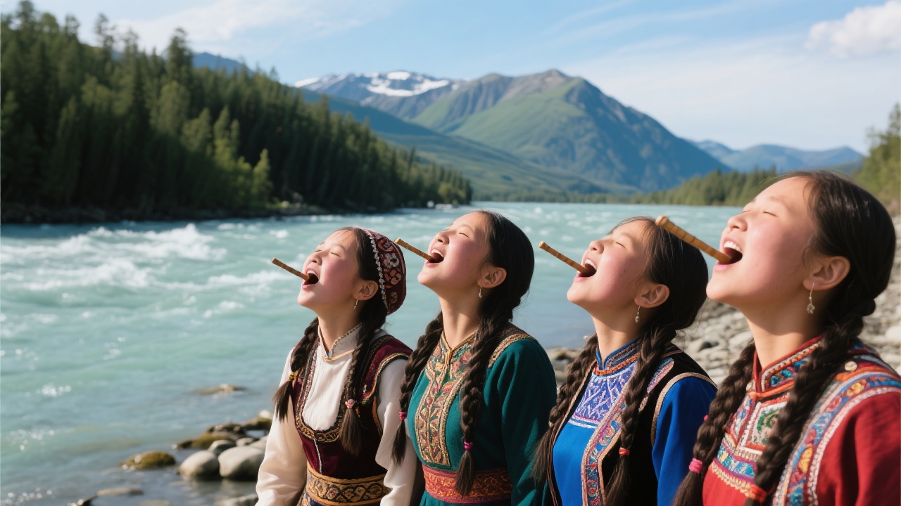 河边几个图瓦少女张开嘴呼麦,喉头颤动发出低沉共鸣声和高尖哨音,背景喀纳斯河和阿尔泰山脉,气氛充满生命力。