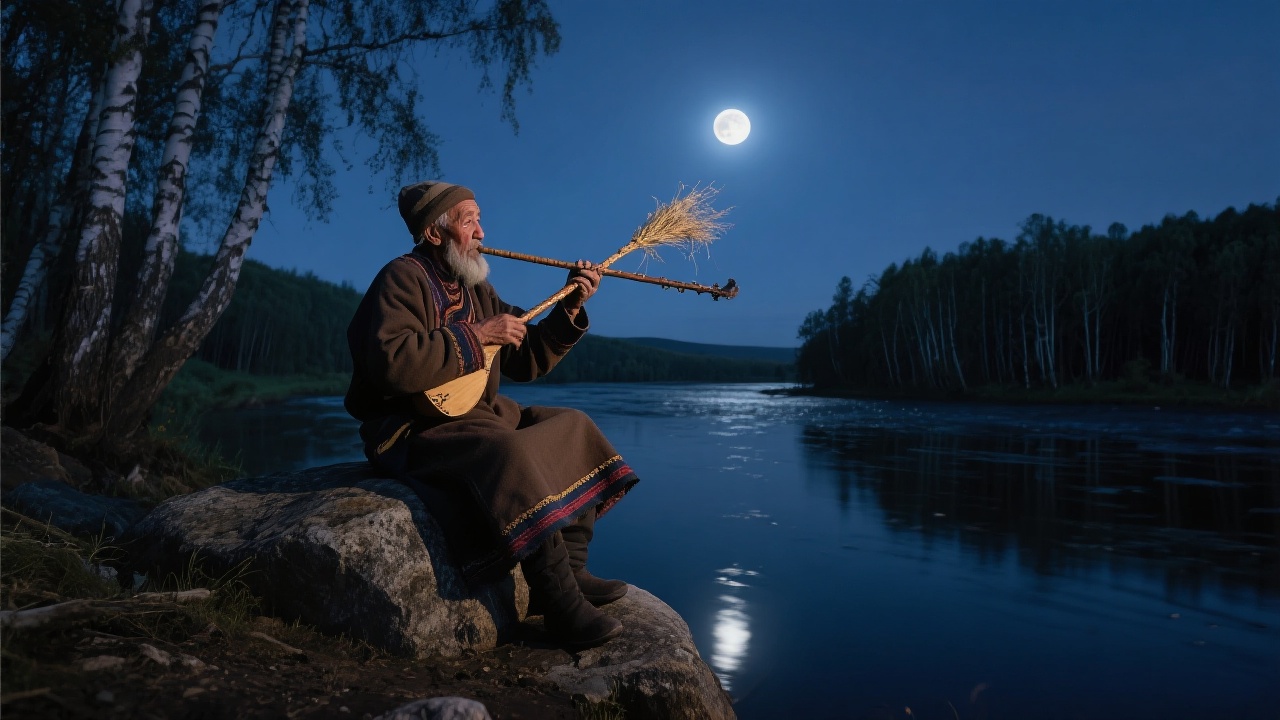 月光下图瓦老人坐在河畔磐石上吹奏楚吾尔草茎,旋律清亮悠扬,月光映照河面,桦树阴影浓厚,环境静谧。