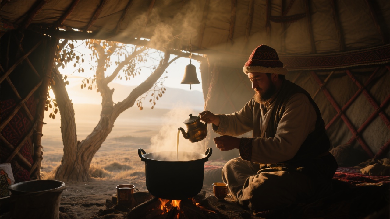 哈萨克毡房内,晨光透过沙枣树的缝隙,奶锅在薄雾中沸腾,茶香缭绕如驼铃,牧人正在煮茶,场景温暖古老。