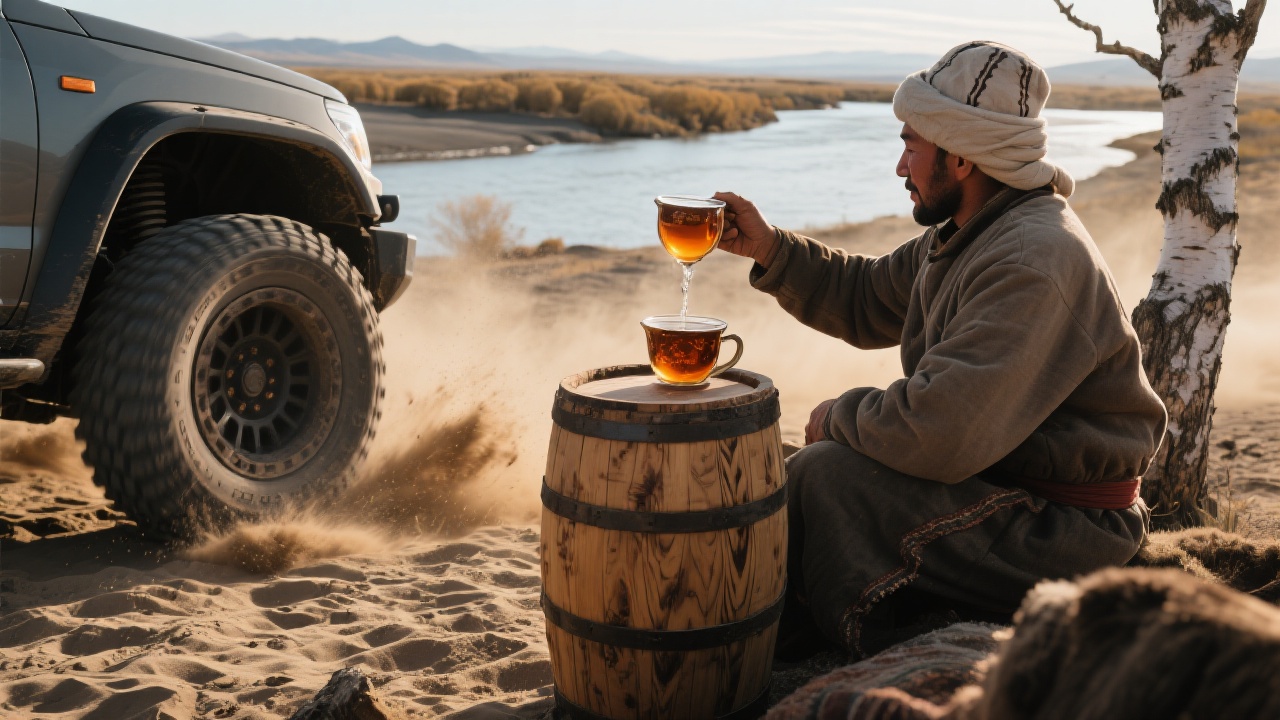 越野车在乌伦古河畔奔驰,车轮卷起沙尘如凝固时间,牧人举杯倒茶,茶汤荡漾光晕与桦木桶纹理重叠,氛围现代与传统交融。