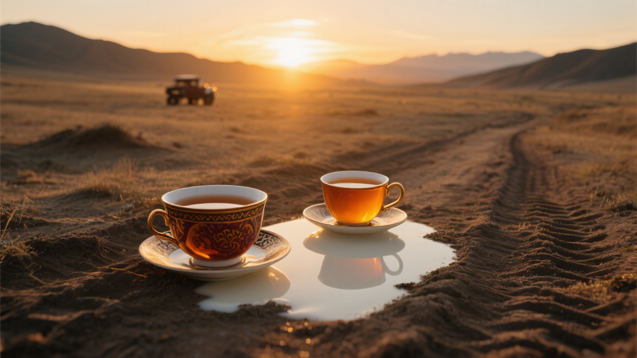 夕阳金辉洒在茶杯与车辙之间,茶色渐浓倒映奶与茶交汇,展现永恒安宁的哈萨克茶文化,荒原背景宁静祥和。