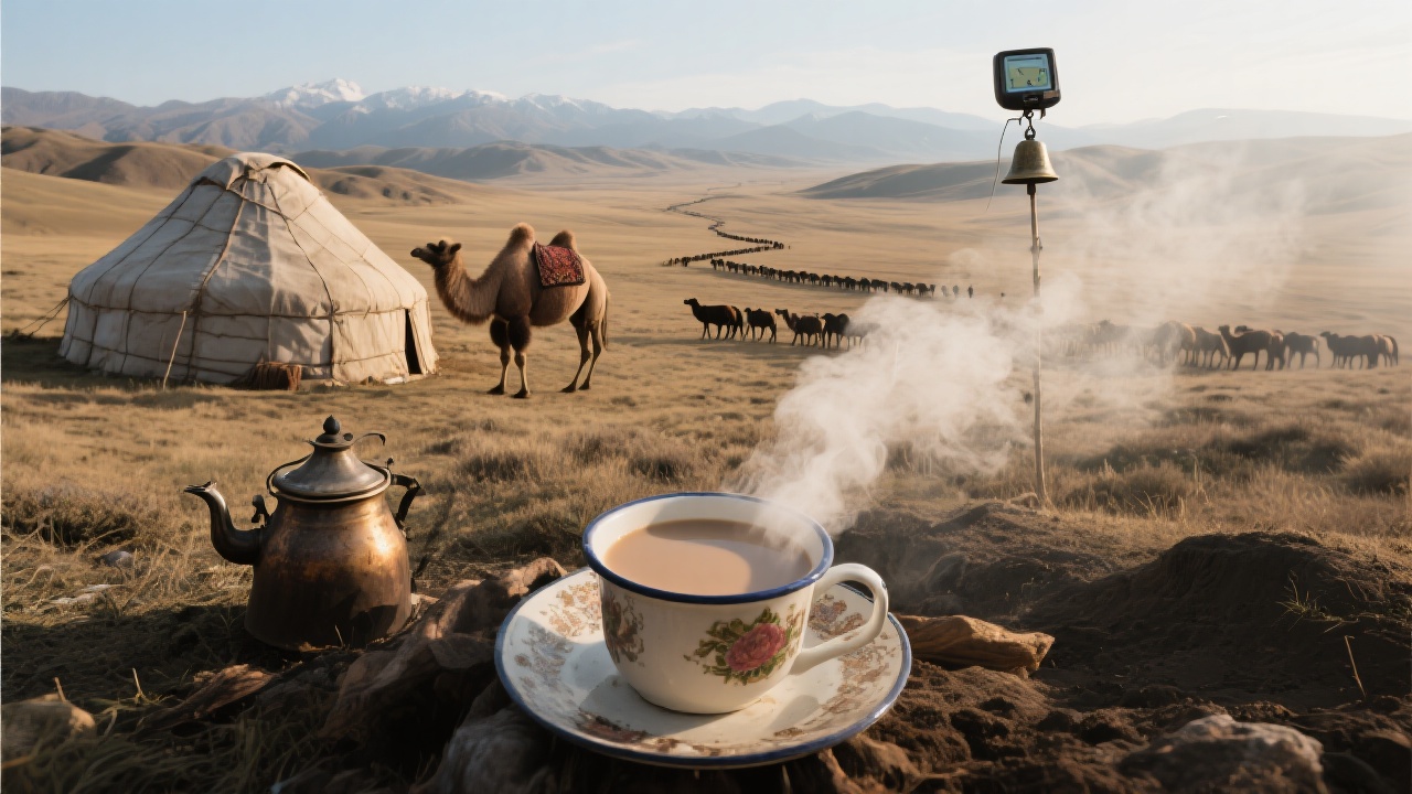 驼铃远去,奶茶温热升起一缕扑鼻热气,在无垠荒原中,毡房与导航仪成为转场路标,突出永恒的茶炊气息。