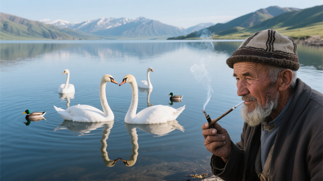 描绘阿尔泰山湖边场景:几只白天鹅在水面伸长脖子学鸭子叫'嘎嘎',水面倒影扭曲;旁边一位老牧民叼着烟杆抽烟,眼神严肃。