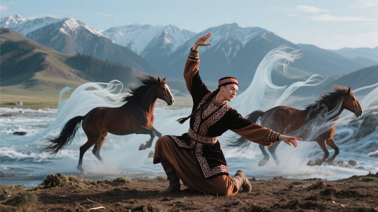 展现萨吾尔登舞动态:舞者扬臂如驱风马、下蹲似扎根土地,周围融入山魂水魄的抽象意象。