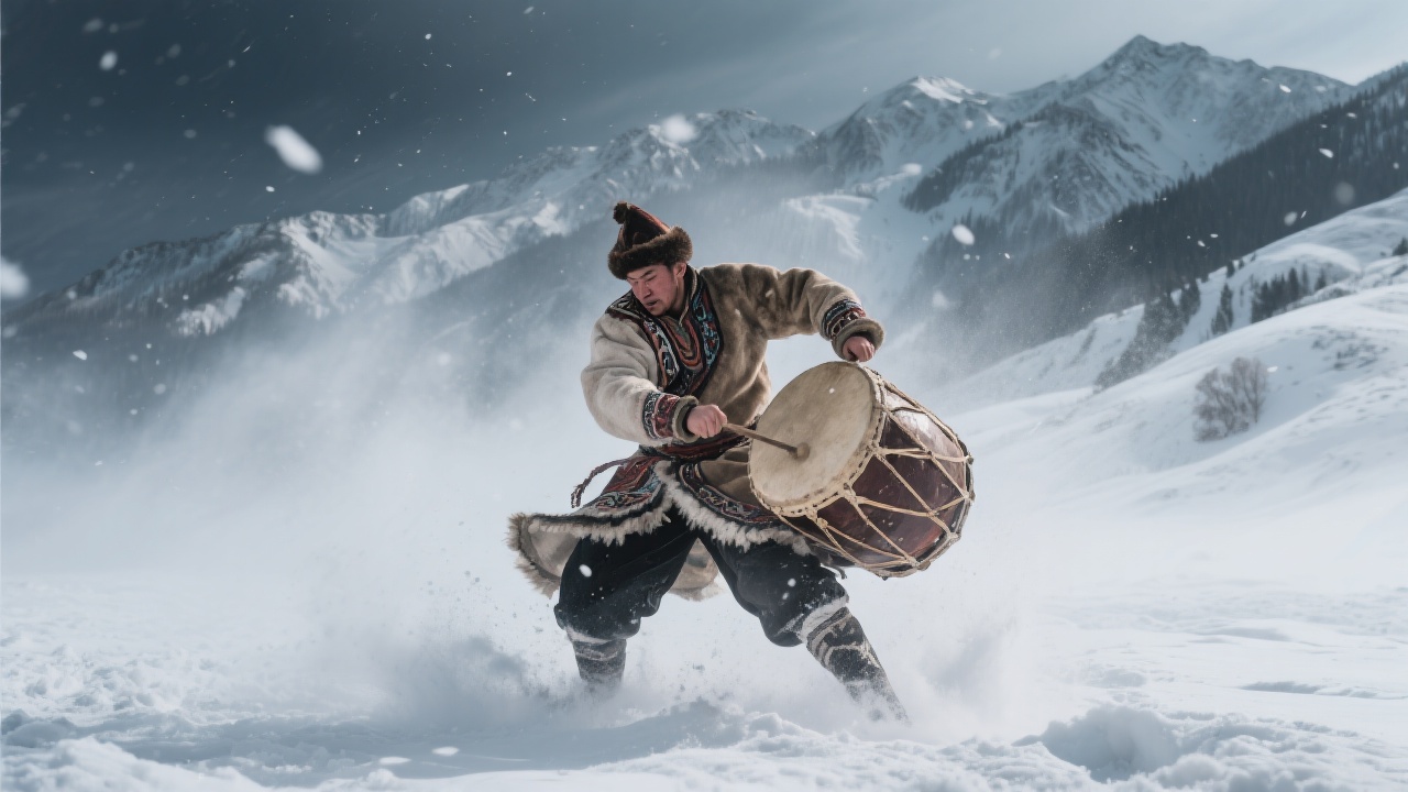 描绘高潮场景:巴特尔在风雪中激烈跳舞,鼓点急促、舞姿刚毅,表达不屈精神,背景阿尔泰山苍茫。