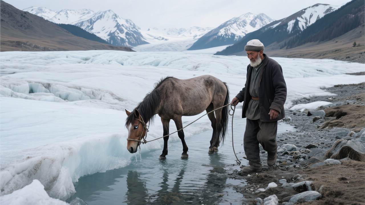 哈萨克老牧人牵着翻白眼的瘦马缓缓走向冰川舌末端，融水潺潺流入等待，病马正低头啜饮冰水，远处雪山连绵