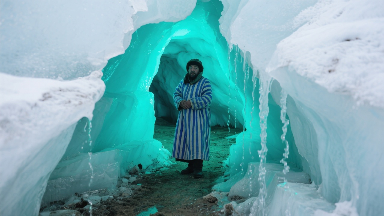 冰层裂缝透出青碧色幽光，绿松石色冰融水沿着冰壁渗出流淌，映衬着哈萨克蓝白条纹套袍的牧民身影，洞内晶莹剔透如青玉库房