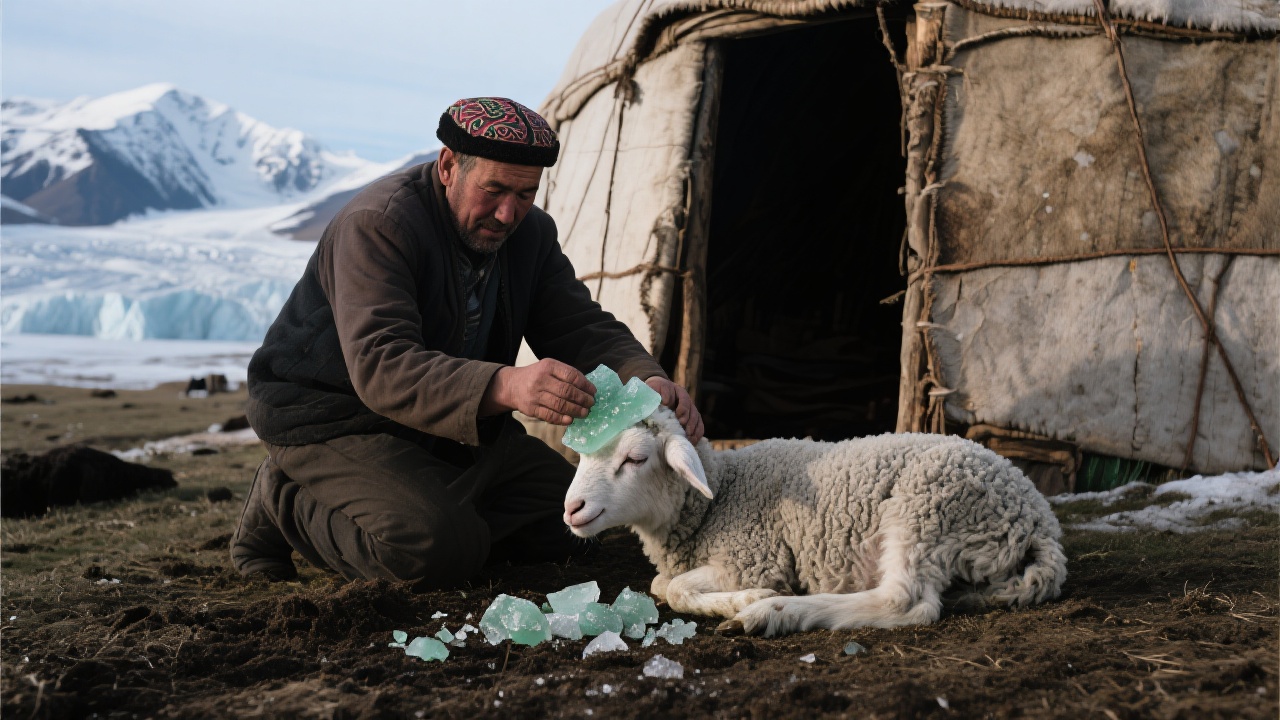 牧民正在将青玉色的碎冰渣敷在羊羔额头上，小羊在哈萨克毡房前虚弱躺着，牧民眼神专注，远处可见冰川轮廓