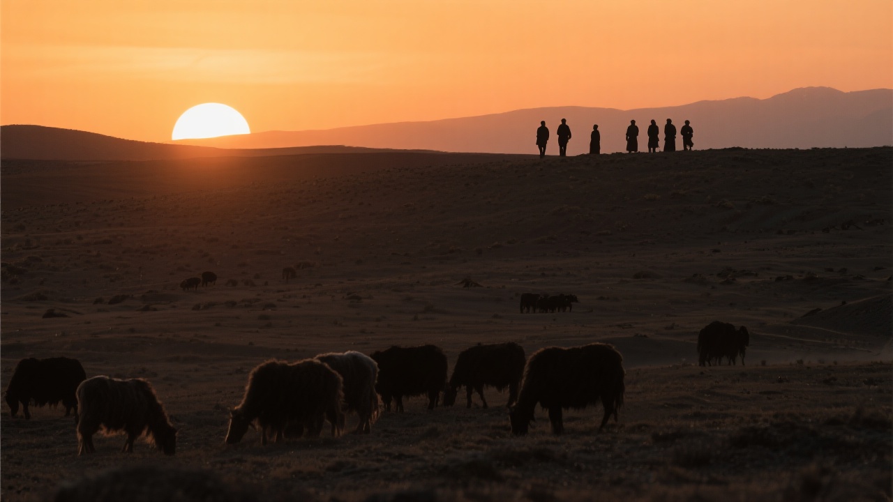 夕阳下的戈壁滩，远处牧人形成深色剪影。