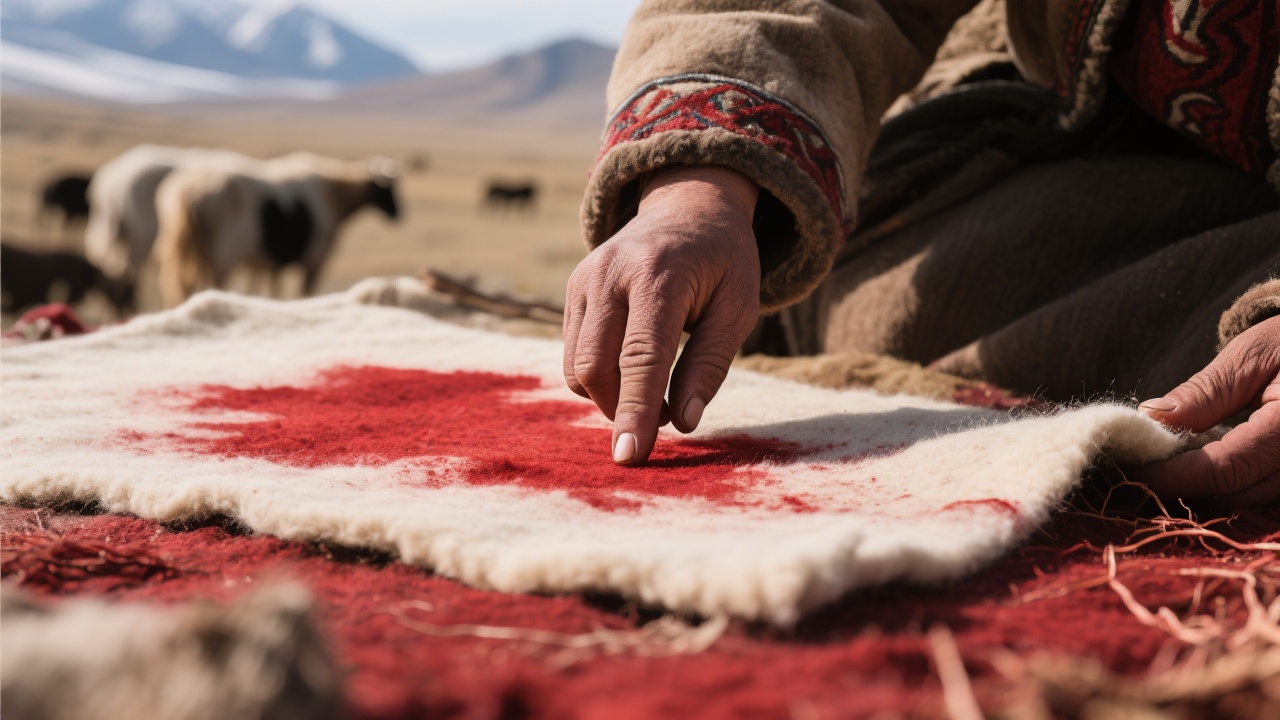牧人用浸染茜草汁的手指点在素色羊毛毡上，绛红色晕染开来。