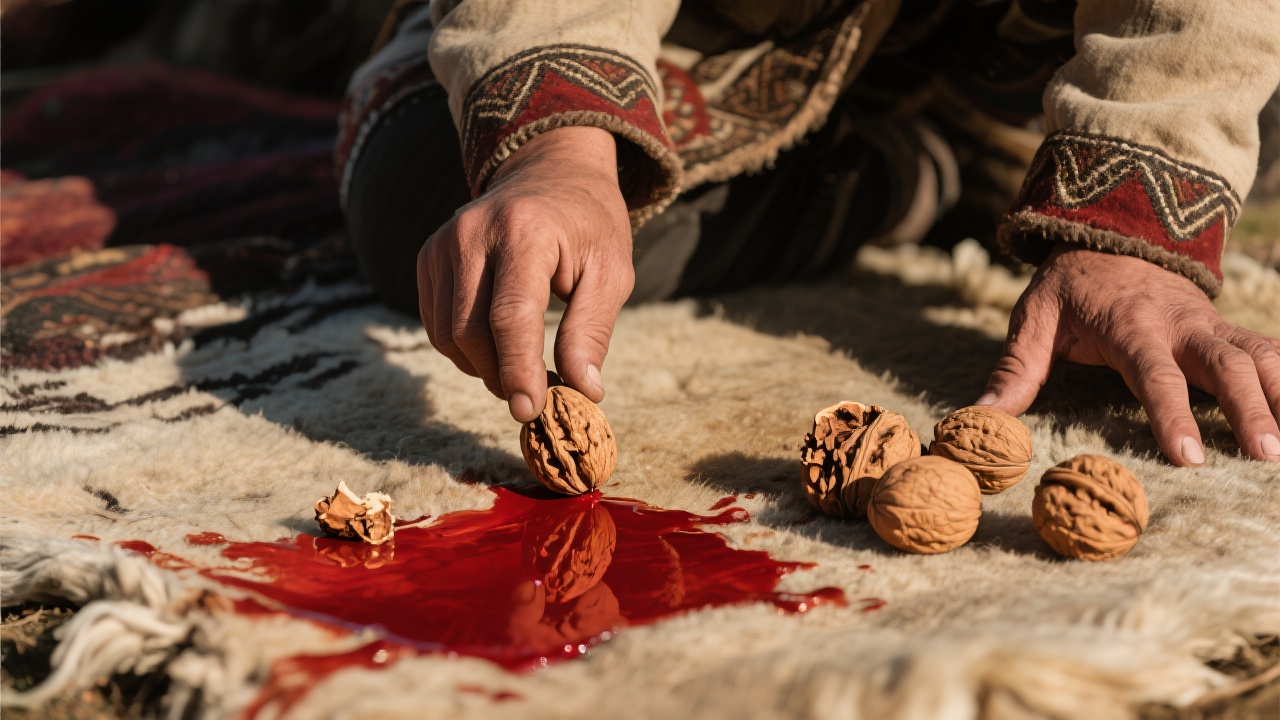 牧人轻点核桃皮汁在毡上，颜色转为暖调桦木红。