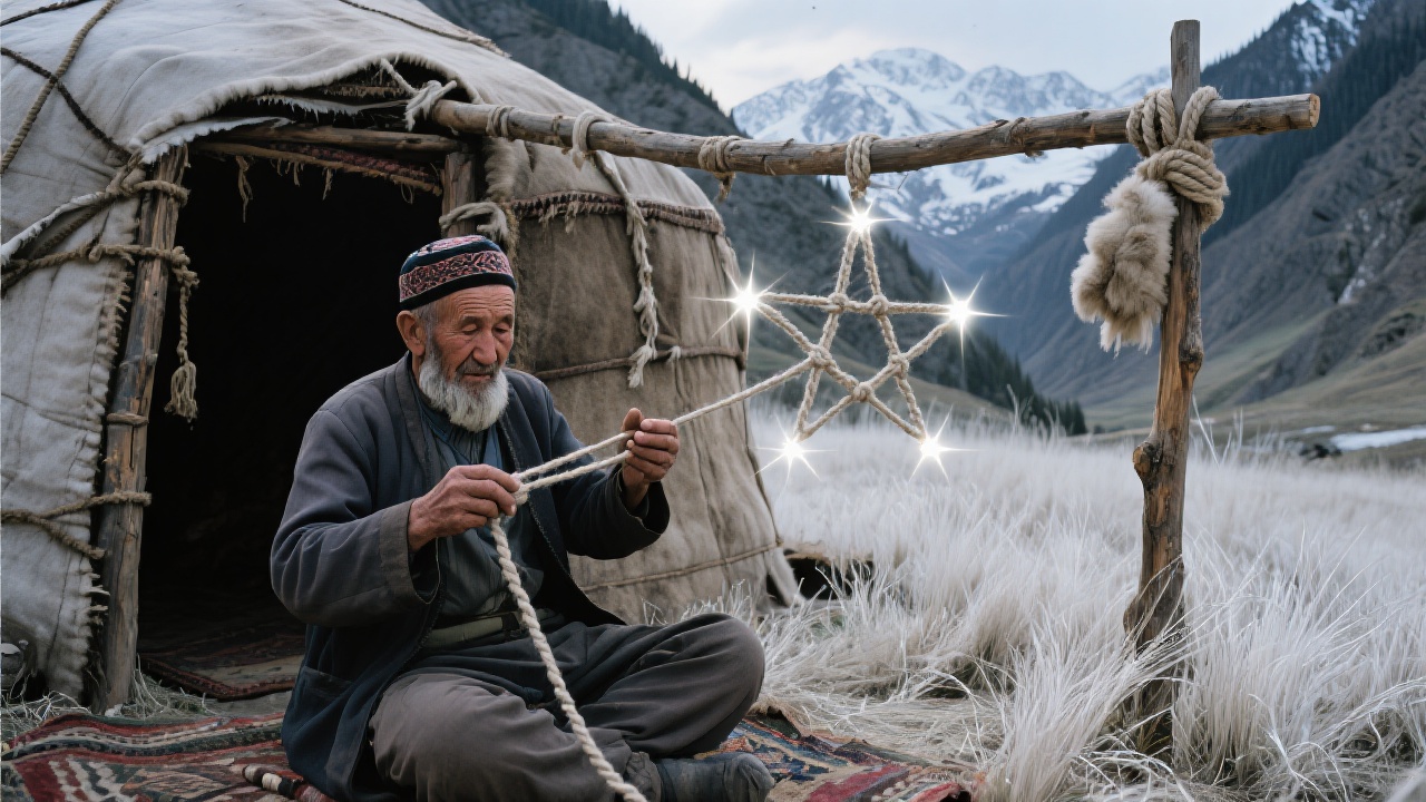 哈萨克老牧人波拉提盘坐于阔勒德克峡谷深处的毡房前,悬挂驼毛长绳于木架,十指翻飞编织绳结模拟北斗七星形状,星光灿烂,山风卷白草如银浪,背景雪山峡谷。