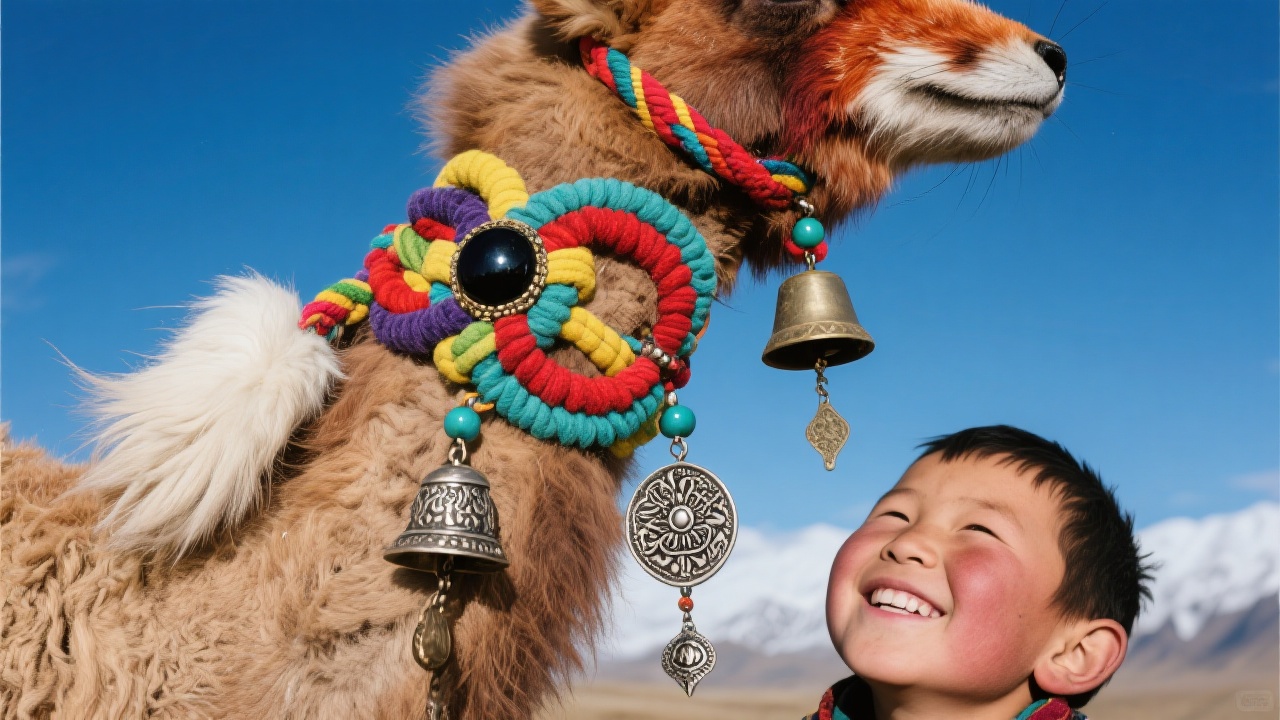 驼毛绳结特写,七色结缀如珠链:天枢结白羊尾毛示春季,天璇嵌黑玉喻冬夜,瑶光系赤狐皮志节日,绳间杂挂雕花银铃,风过清响彻谷,小牧童仰望绳结微笑。