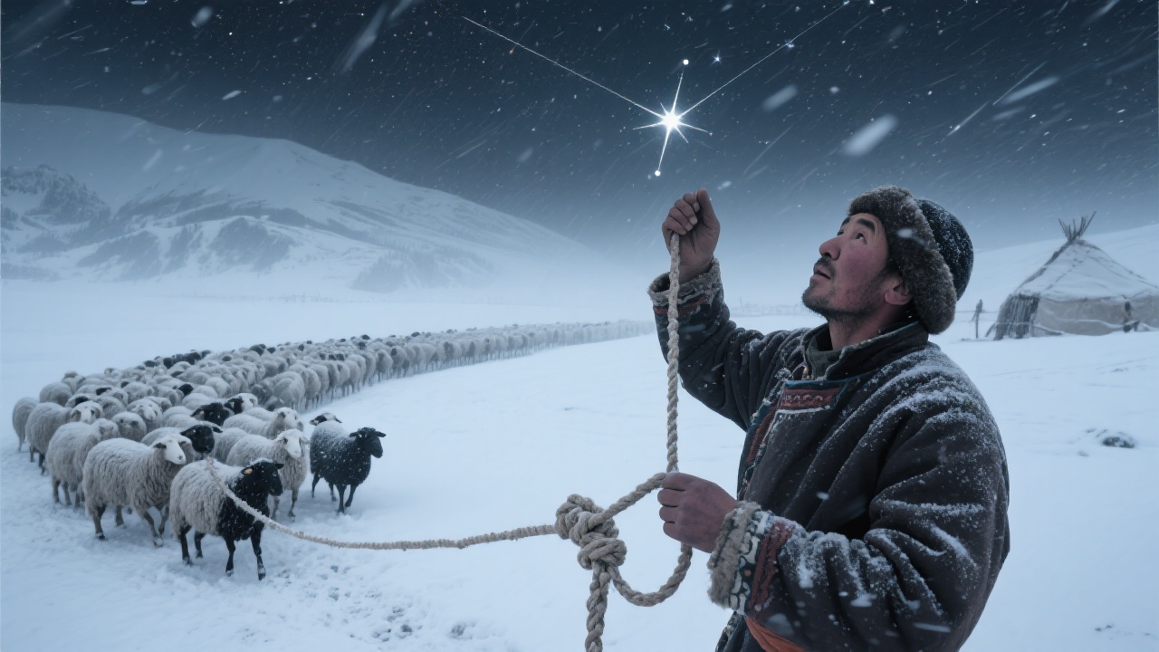 暴风雪环境中,牧人抬头比对绳结星位与北斗七星偏移,指挥部落迁移避险,风雪漫天,羊群跟随,绳结扭曲半掌指向新牧道。