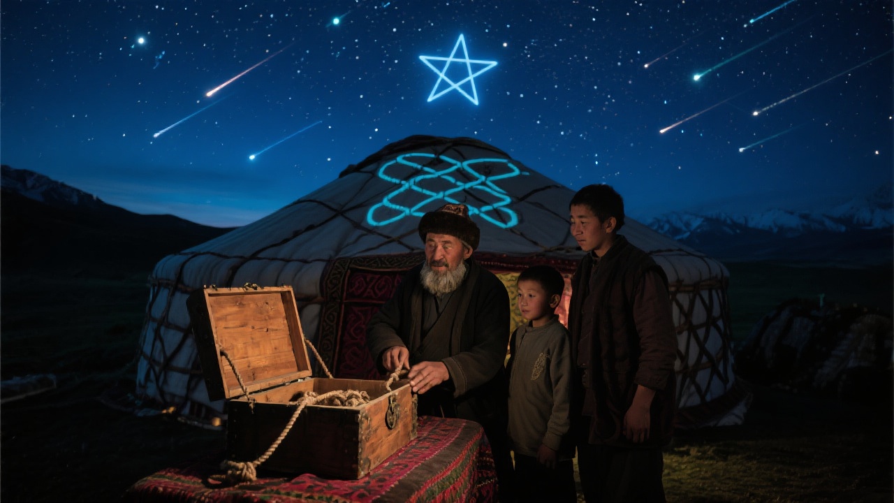 暮色四合,老牧人波拉提启祖传桦木箱展示百年星绳,子孙用激光投影北斗于毡顶呈现科技与传统对比,夜空流星如雨,星光映射绳结如时空对话。