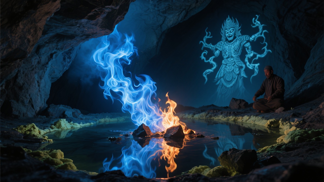 新疆阿勒泰山洞中，柯尔克孜匠人将矿石投入冷泉淬火池，蓝焰翻腾扭曲如活物，硫磺气息弥漫，池水倒影中火焰凝固碎裂，岩壁上投射出跳动的狰狞神像。深暗背景中的冷色调火焰，超现实主义摄影风格。