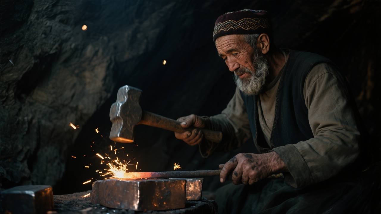 皱纹深刻的柯尔克孜匠人在山洞中挥动石锤敲打铜块，每记敲击都迸发火星，火星在幽暗空间里如萤火虫般转瞬即逝，其中一粒落在观察者手上留下暗斑。突出匠人专注神情与火星轨迹，胶片颗粒质感。