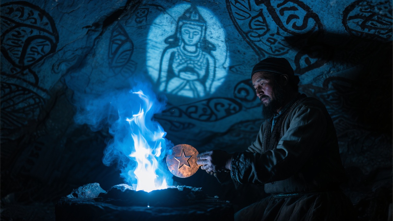 淬火蓝焰骤然升腾的瞬间照亮千年岩洞，在布满图腾的洞顶投射出沉睡神像的模糊倒影。匠人手持流动星图的铜片，汗水在接触炉岩前蒸腾成白气。强光影对比，神秘幽蓝氛围。