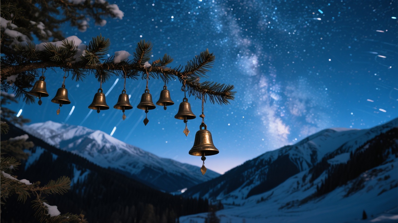 系着十二道星轨铜铃的松枝伫立在阿勒泰山口，风雪夜星汉灿烂，铃铛在呼啸山风中震动出实体声波，声波穿透星空直抵银河深处。渺小铜铃与浩瀚宇宙的对比构图，超长曝光下的星轨光迹。