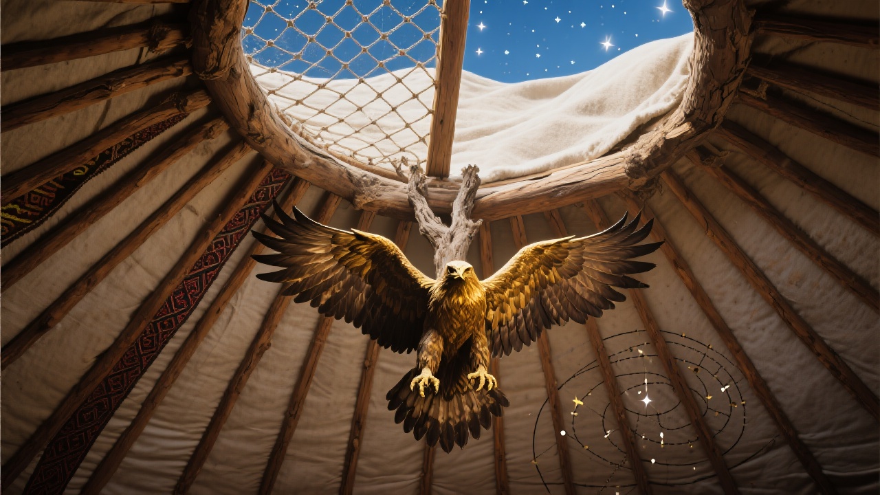 展示哈萨克穹庐内部，金雕悬于胡杨木梁上，双翅轻搧，星光从哈腾网顶窗坠入如白沙滑过毡壁星谱，勾勒七曜轨迹。