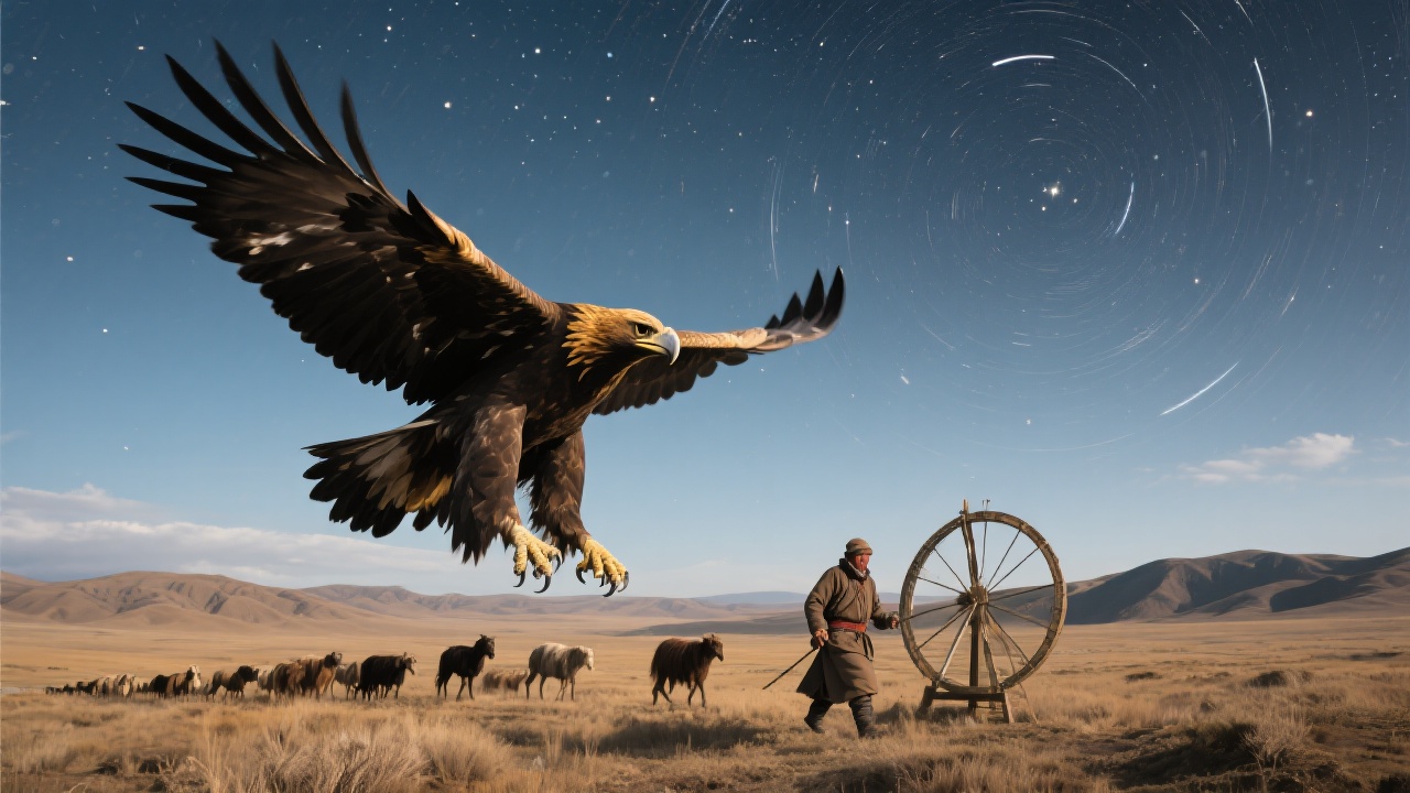描绘迁徙途中，金雕飞向科布多荒原，双翅如暗影罗盘旋转，牧人随行，流动星空如浑仪丈量星斗间尺度。