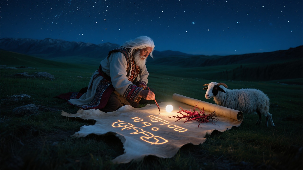 夜幕下的阿勒泰草原,白发萨满在星光下铺展羊皮卷,手持赤芍草根蘸取月光书写发光的突厥符文