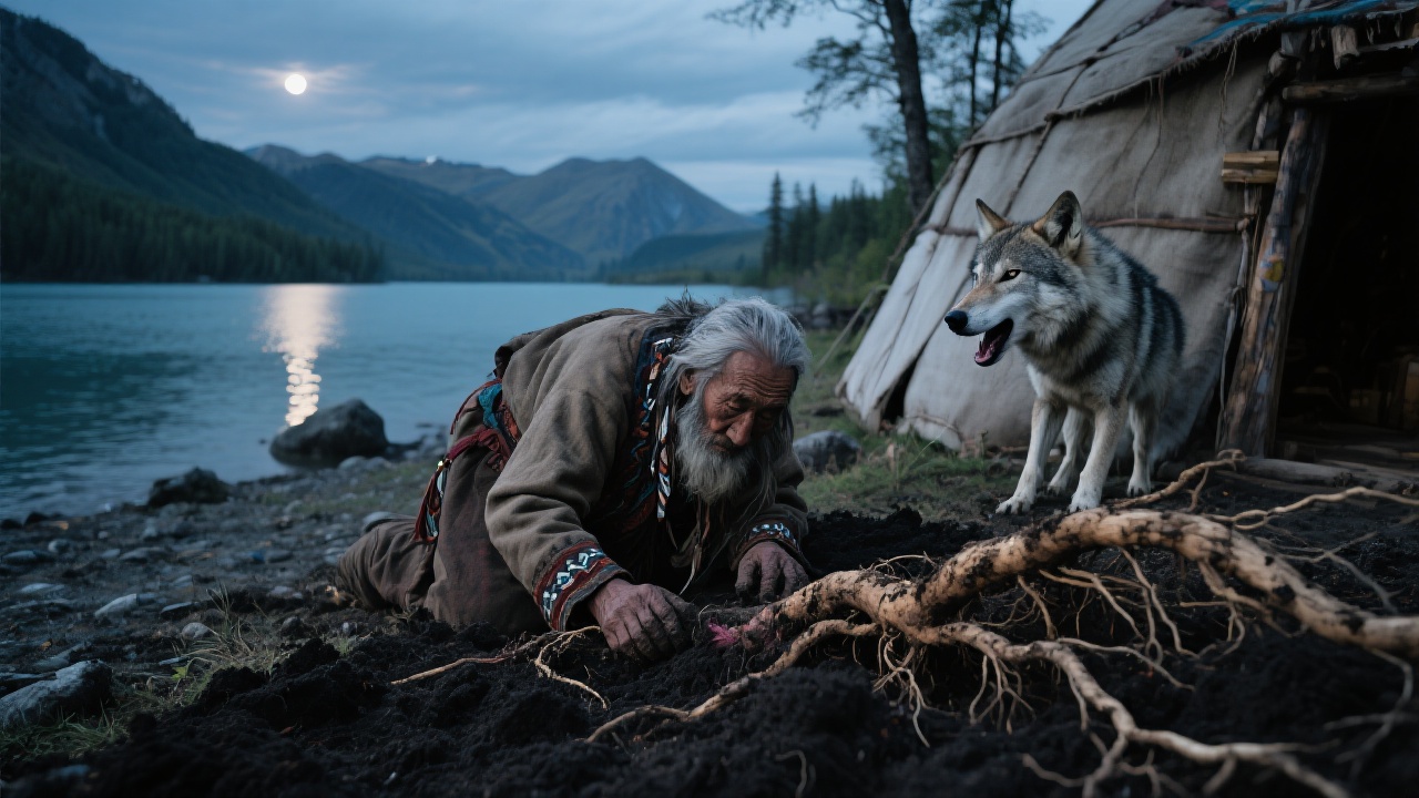 喀纳斯湖畔的老萨满匍匐挖掘赤芍草根,虬龙状根系沾满黑土,毡房外苍狼对月长嗥