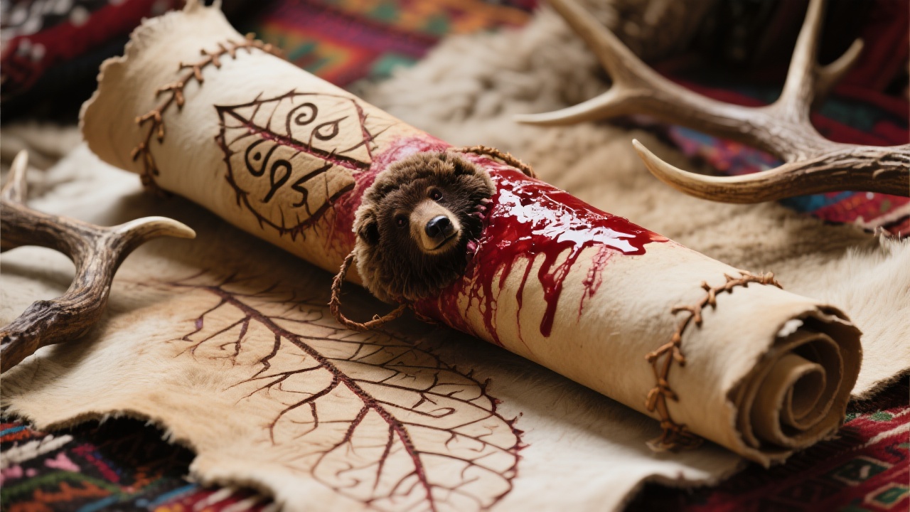 生羊皮卷上涂抹着赤芍汁混合熊胆的突厥符文,如叶脉似伤痕,旁边散落鹿筋缝线