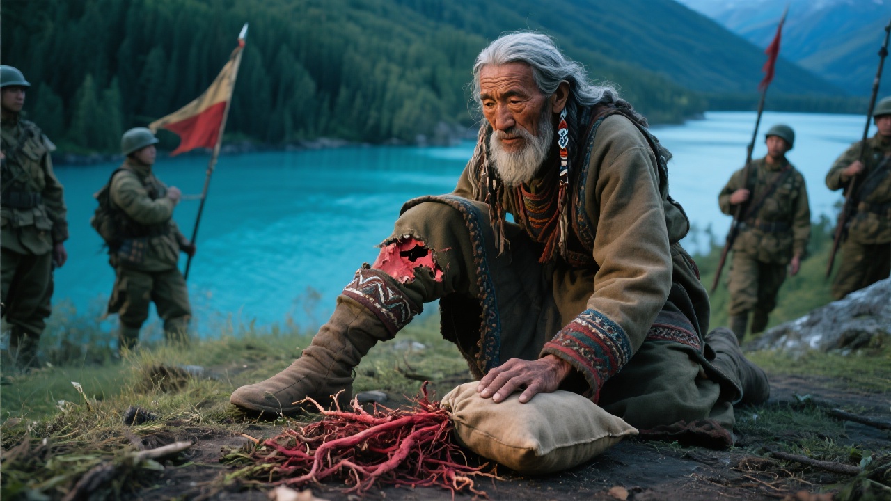 老萨满跪压赤芍草药于士兵碎裂膝盖,药囊鼓荡如战旗,士兵眼中映出喀纳斯湖的蓝光
