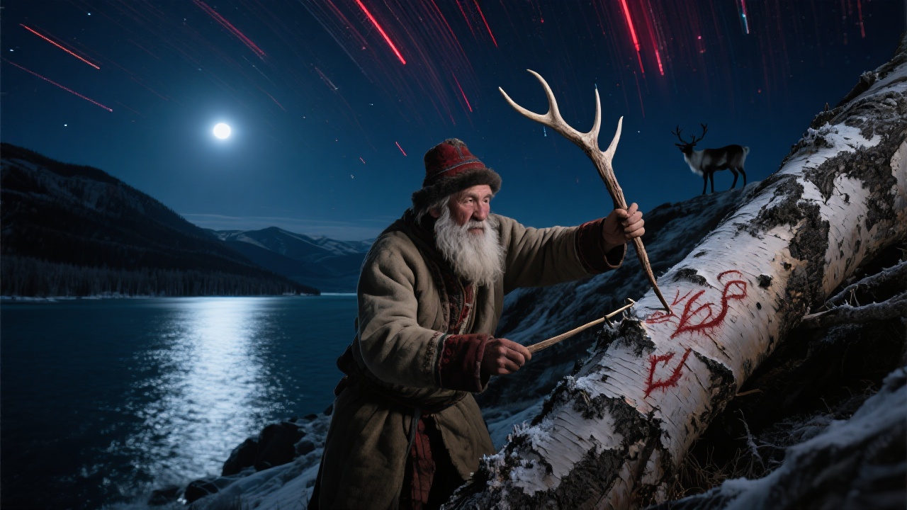 月光下的喀纳斯湖波光粼粼,霜须牧人手持鹿角簪在山脊上刻画桦树皮,血色星轨在暗夜中蔓延,驯鹿静立远处背景中。
