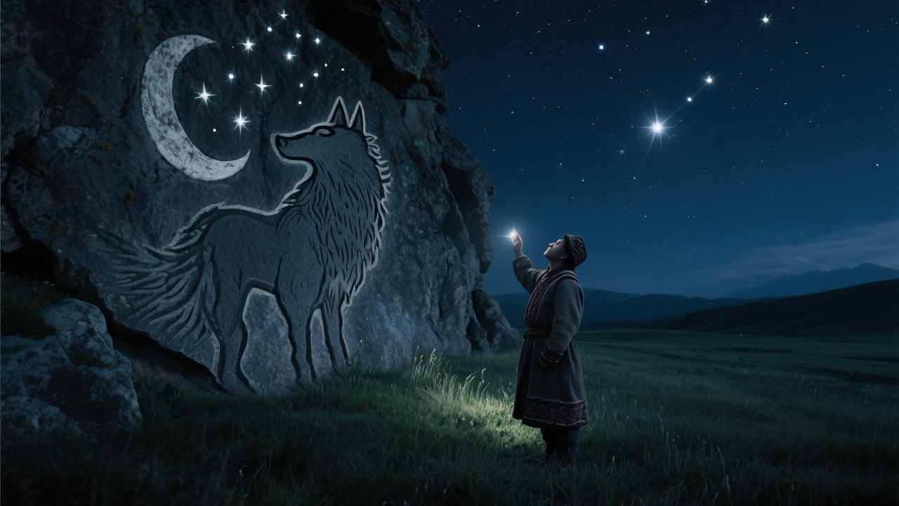 古老岩壁上雕刻的月狼图案与星宿排列,牧人夜间仰望星空,星光如牧草指引方向融入黑暗草原的旷野场景。