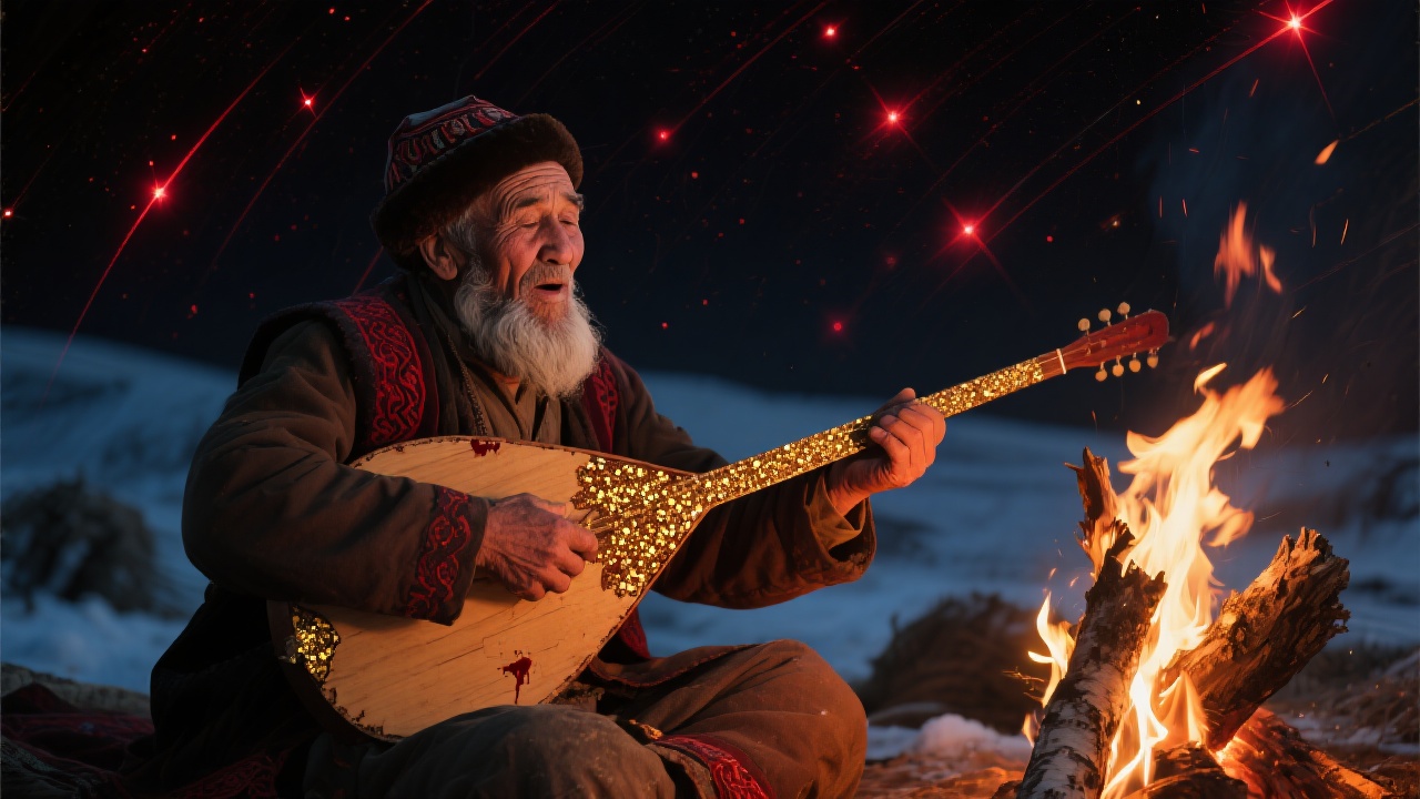 哈萨克老人怀抱冬不拉吟唱阿吾勒歌谣,手中捧着镶嵌金屑的桦树皮血书,篝火映照下血色星轨在暗棕桦皮上闪烁微光。