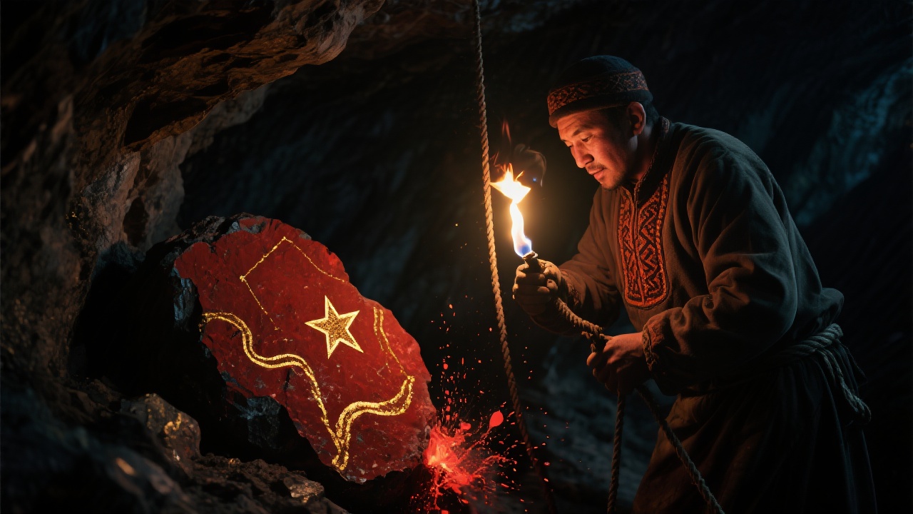 黑暗的矿洞深处,哈萨克匠人巴图悬绳执火,赤砂飞溅中发现矿石上的金纹蜿蜒如北斗七星和太白星,微光浮动,神秘而壮丽。
