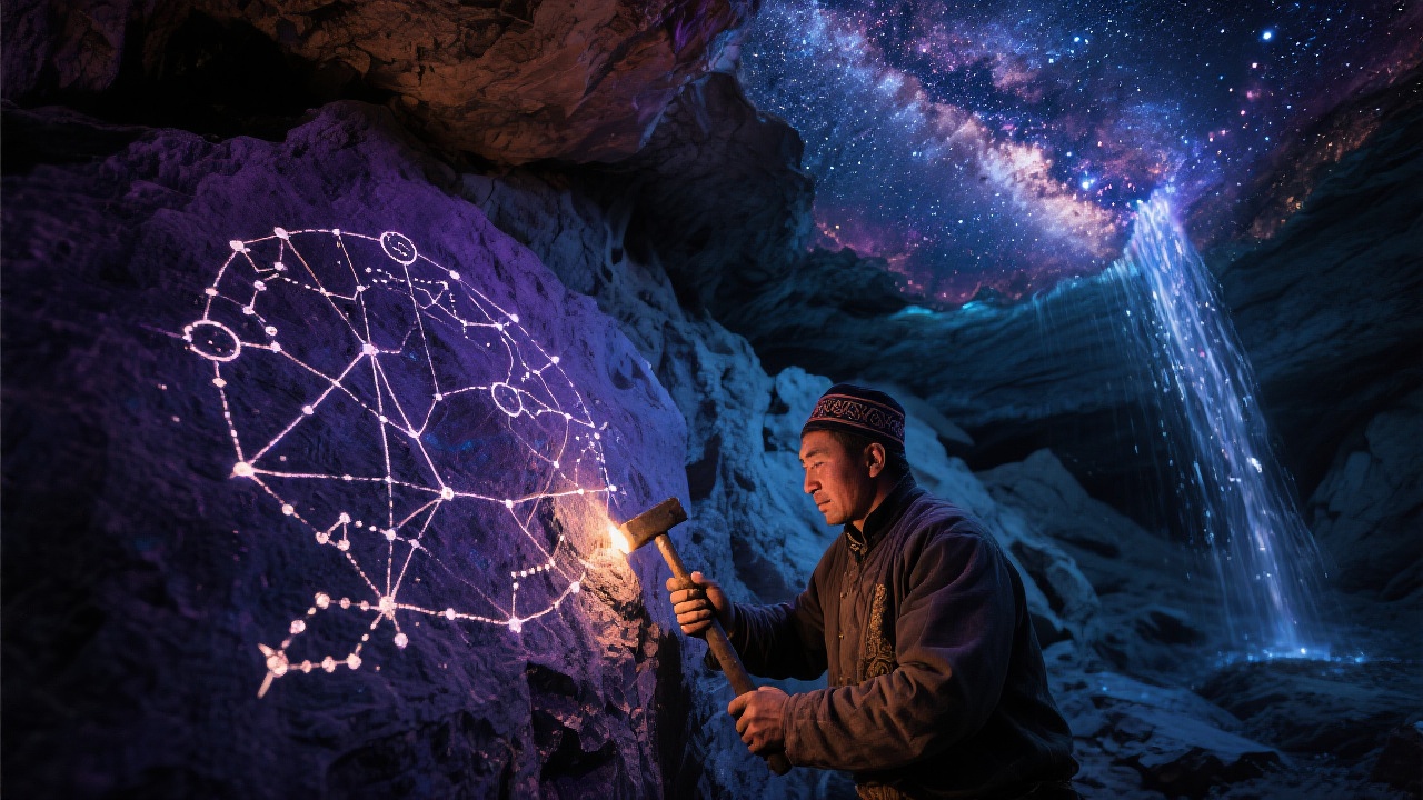 匠人巴图手持锤錾,在岩壁上雕刻星图,紫微垣、玉衡柄等星座化作光影,矿脉流光似天河倾泻,洞顶倒悬灿烂星河。
