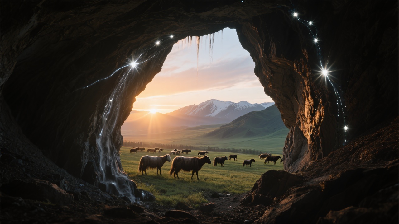 矿洞口晨曦初现,壁上的星痕骤然闪烁,哈萨克牧歌回荡,和谐景象中似闻《浑天》古调,天河倒涌般玄妙。
