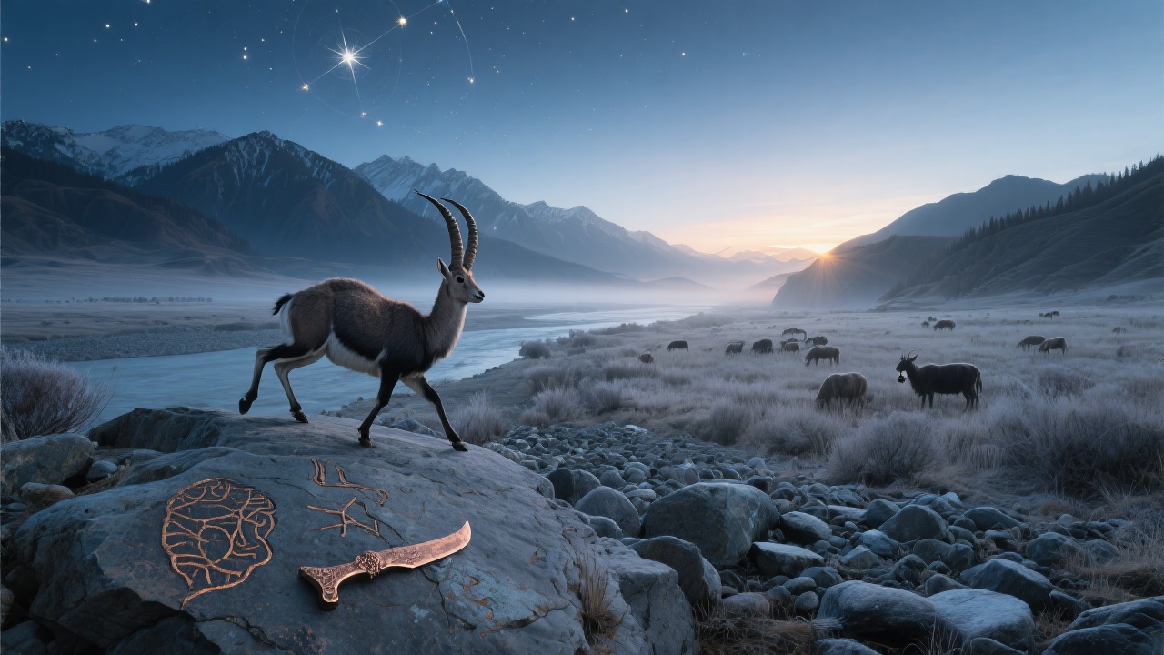 描绘阿尔泰山脉早晨景象:玄青天幕、东方露白,山峰初醒汲饮乌伦古河初光;卡拉麦里驼铃踏碎薄霜,晨风穿过砾石滩如远古笛孔低吟;铜刀镌刻岩羊昂首奔跃,其角枝承接启明星微芒;融合传统岩画与现代牧野场景,展现亘古星盘苏醒氛围。