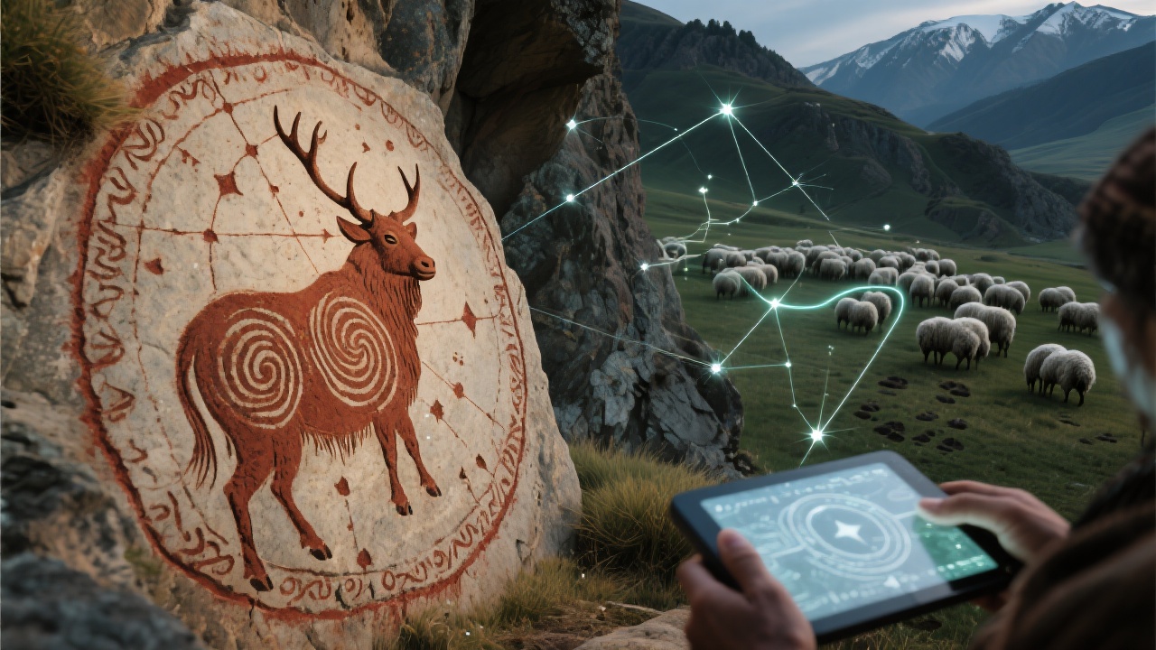 展示古牧人在崖壁刻痕的场景:用赭石孕育星辰万象,鹿石昂望春分点方位,野牛周身旋纹暗含牧草轨迹;转化现代元素:掌中玉山般的触屏设备,羊群坐标明灭、蹄印光迹织就移动星络云图,象征传统秘符数字化再生。