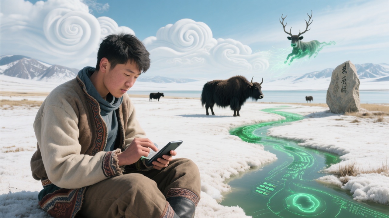 青年牧者踞坐白湖碱滩,便携终端轻置膝头;指尖操作唤醒古牧道为荧绿轨迹,牲畜体温和胎孕数据化为数字溪流汇入牧场;背景显示鹿石卷云纹在云端腾跃重生,野牦牛在数据库脉动,体现古牧经智慧借硅谷技术周流。