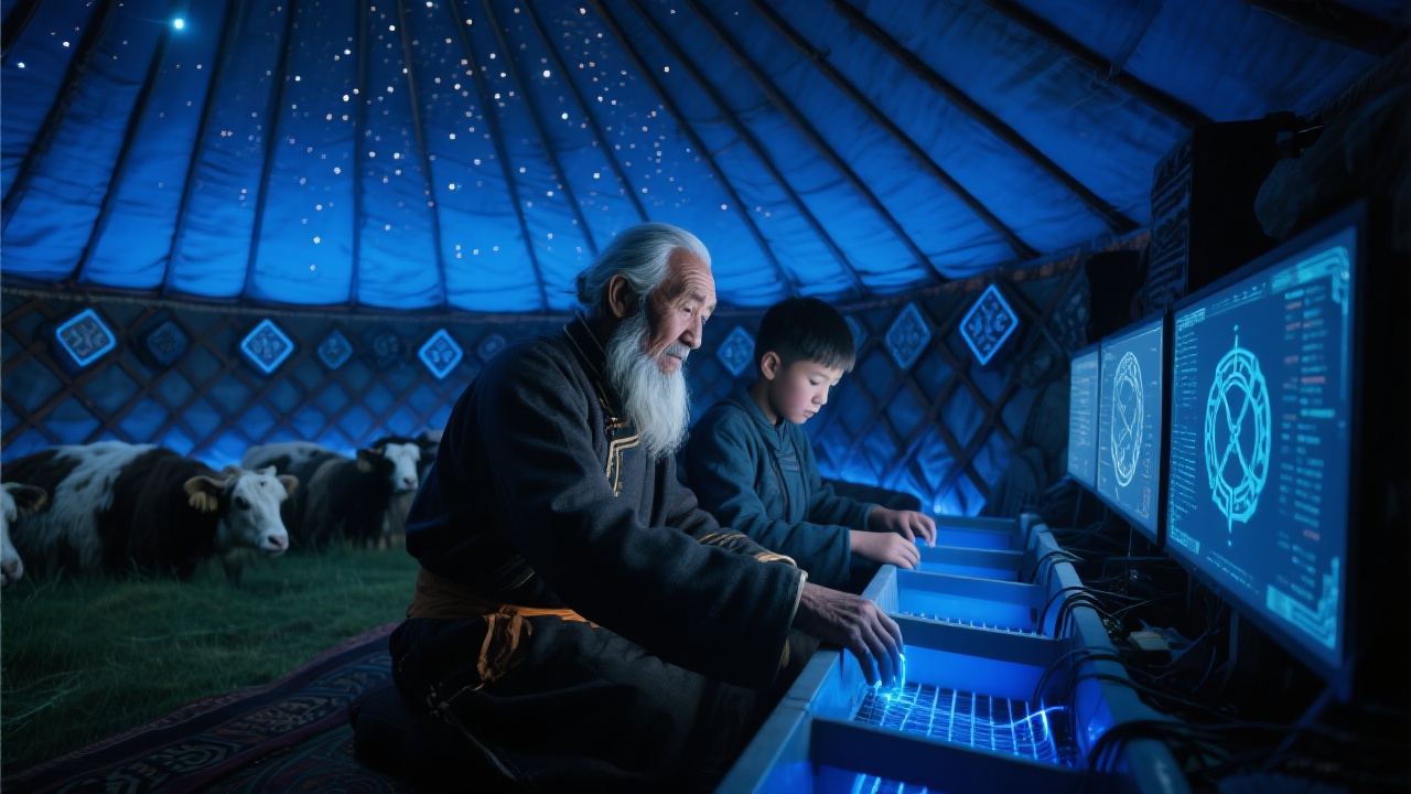 毡房内部场景:服务器幽蓝光晕如星汉低垂;老者抚察畜群谱系和屏幕游移的基因链符,银须下藏秘传心诀;少年调试自动饲槽,幽蓝光谱于指尖聚合分离;背景隐约萨满星石排布,呈现硅片承袭灵石灵力、代码接续草原古谣的意境。